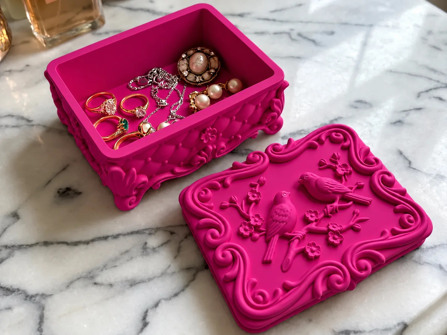 Vintage Floral Bird Jewelry Box with Lid