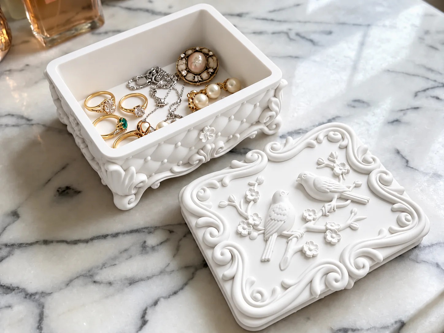 Vintage Floral Bird Jewelry Box with Lid