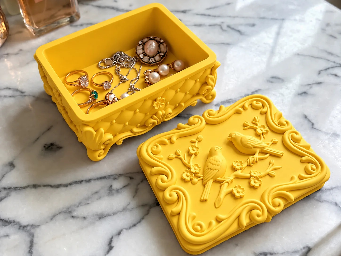 Vintage Floral Bird Jewelry Box with Lid