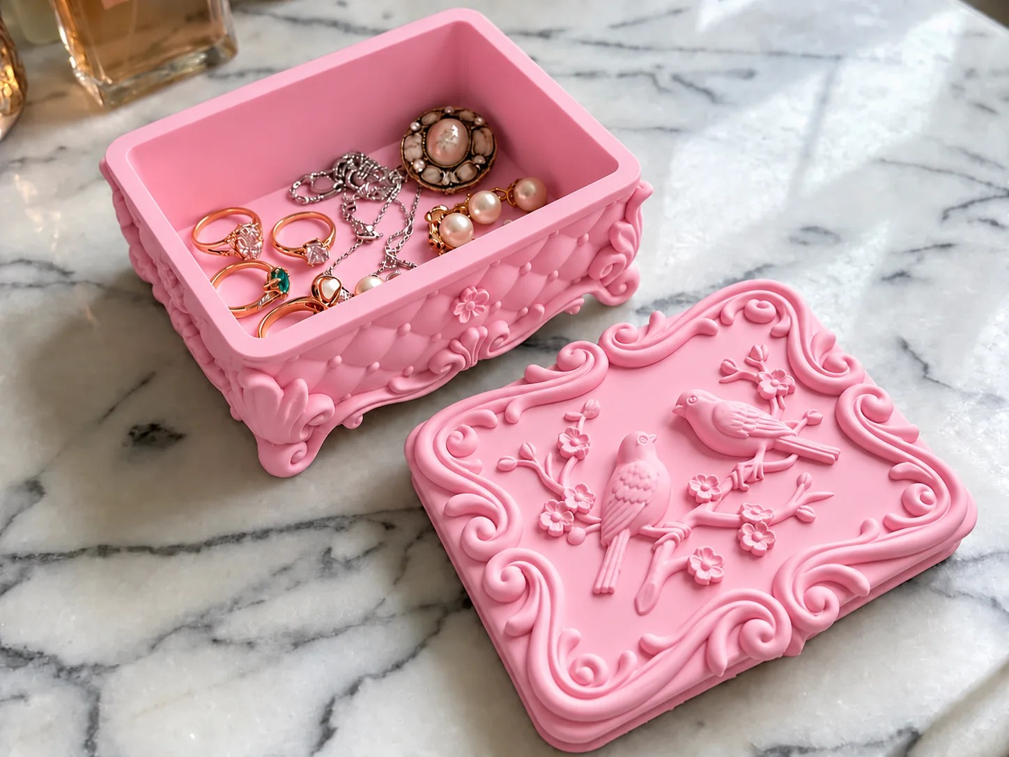 Vintage Floral Bird Jewelry Box with Lid